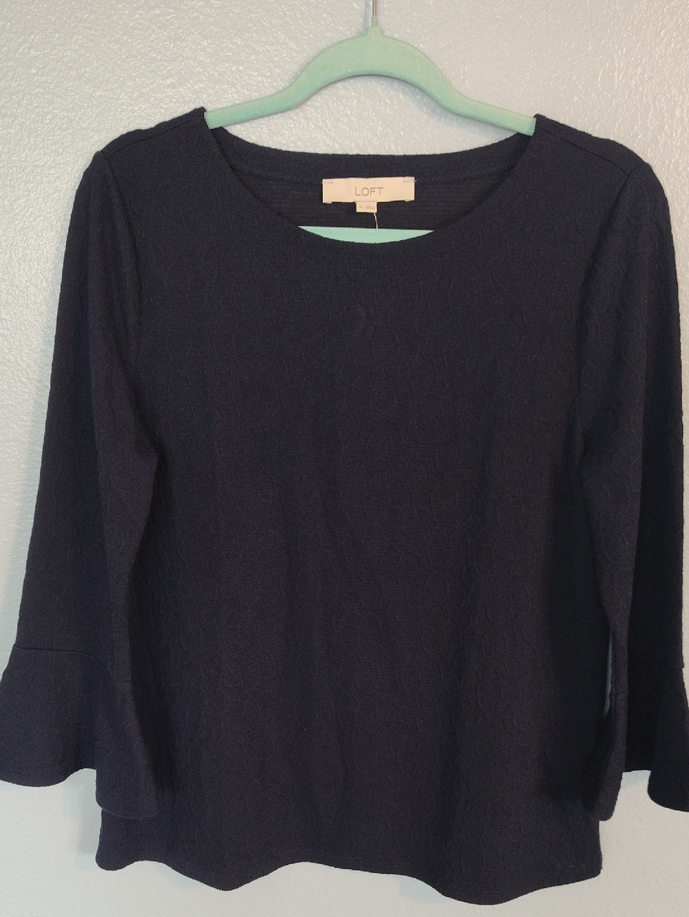 LOFT Navy Textured Bell Sleeve Long-Sleeve Top